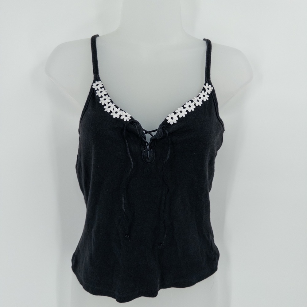 Vintage 90s Cami Top Womens M Black Lace Up Daisy Floral Cropped Y2K Indie